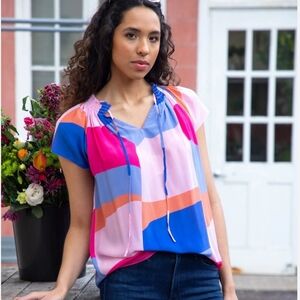 Rungolee Louise Patchwork Silk Blouse Short Sleeve Smocked Tie Neck Pink XS